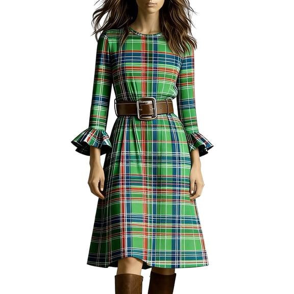 VEKDONE Women's Plaid Midi Dress Bell Sleeve Crewneck Knee Length Dress Casual Loose Fit Vintage Cowgirl Style Dress Fashion Clothes Green M