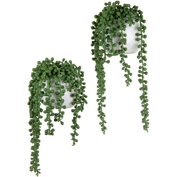 Hakelli Artificial Faux String of Pearls Plants in White Ceramic Wall Hanging Planter Pot with Jute Rope, Set of 2