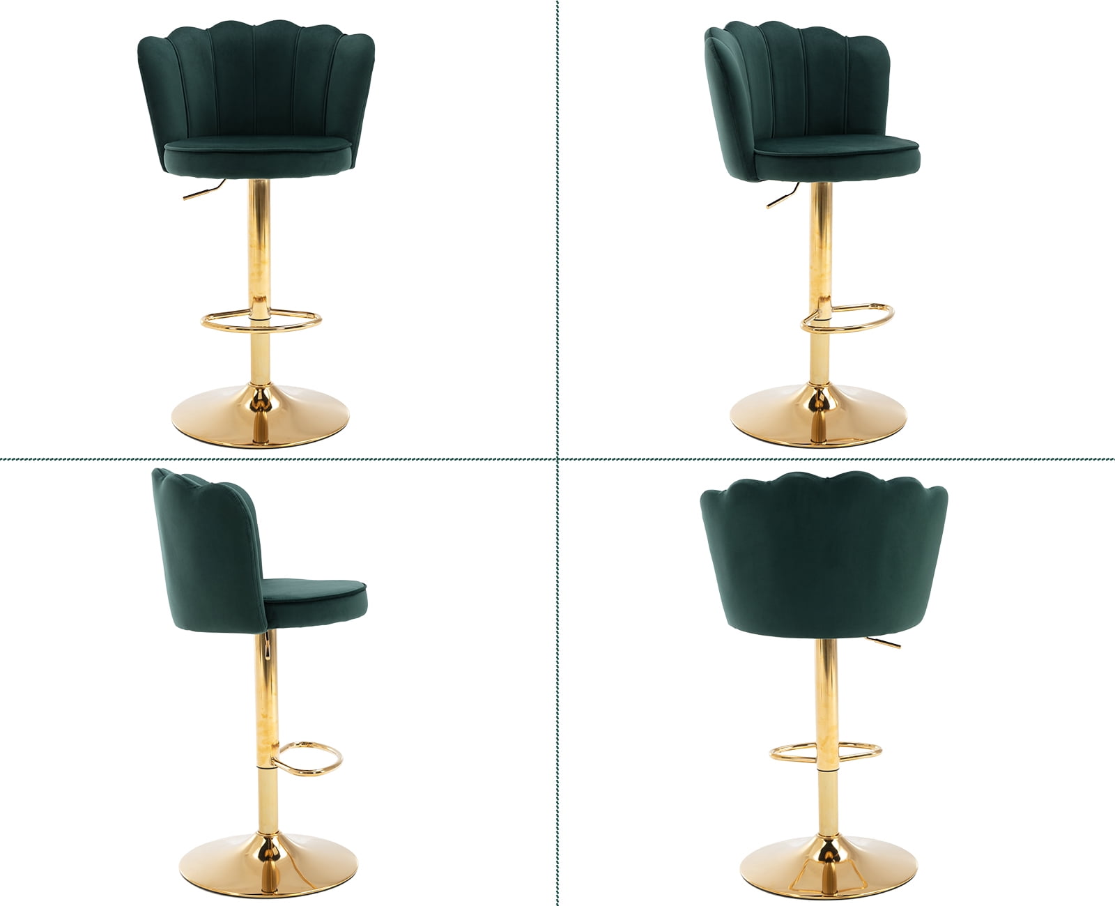 Guyou Swivel Adjustable Bar Stools Set of 2, Velvet Counter Height Barstools with Petal Back and Gold Footrest, Modern Counter Bar Height Stool Chairs for Kitchen Island Bar Cafe, Dark Green
