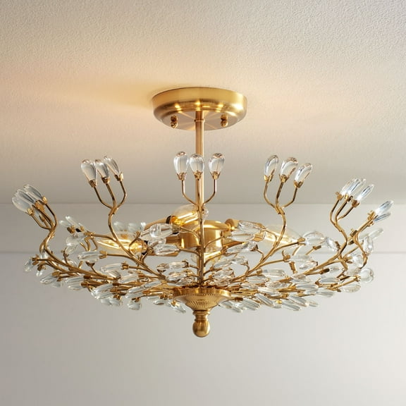 Vienna Full Spectrum Brielle Modern Ceiling Light Semi Flush Mount Fixture 18 1/2" Wide Brass Vine Leaf 4-Light Clear Crystal Glass for Bedroom House