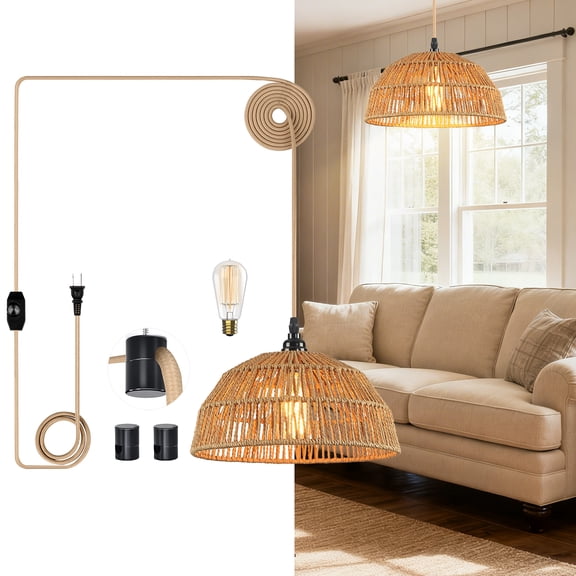 Lolikit Plug in Pendant Light Rattan Boho Hanging Lamp with 15ft Cord & Dimmable Switch for Kitchen Island Living Room Bedroom