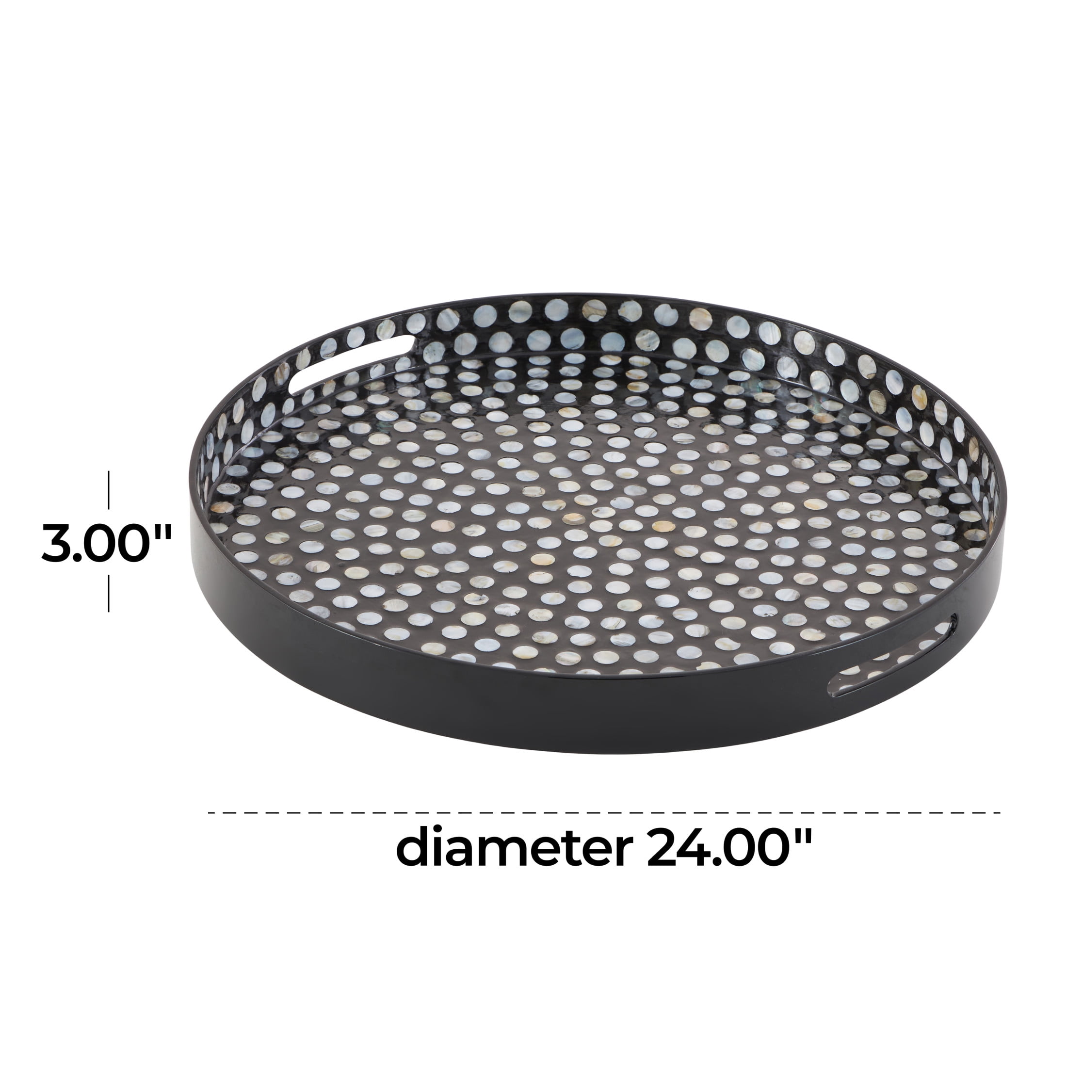 DecMode 24" x 24" Black Mother of Pearl Shell Handmade Nautical Tray with Slot Handles, 1-Piece