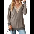 thumbnail image 2 of Blusas de Otoño para Mujer, con Escote en V, Encaje, Larga, Holgadas, con Ribete de Bloques de Color, Moda 2025 Color Café L, 2 of 10