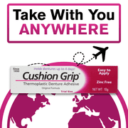 Cushion Grip Thermoplastic Denture Adhesive, 0.35 oz (Travel Size) | Refits and Tightens Loose Dentures for Up to 4 Days | Glue-Free, Zinc-Free, Waterproof, Works Like a Denture Reliner