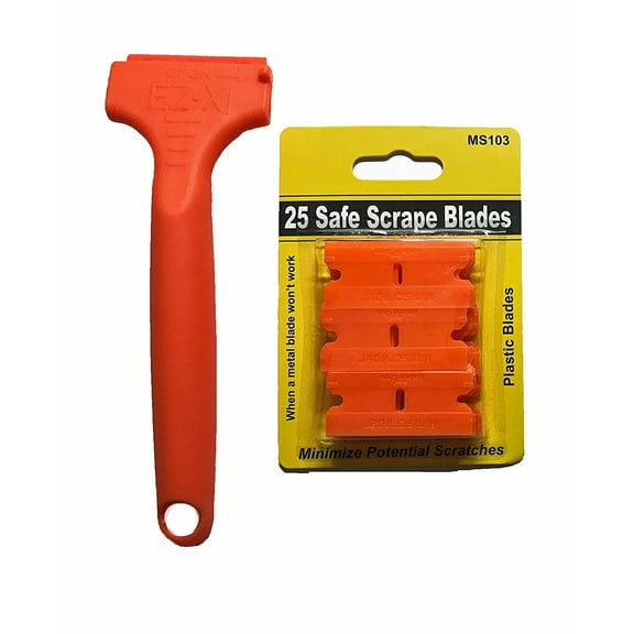 EZ X Razor Blade Scraper with 25 Double Edged Plastic Blades Scrape clean surfaces that could be scratched with a metal blade