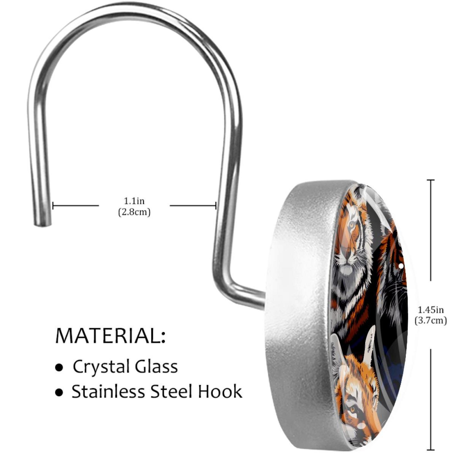 Tigers anf Fox Shower Curtain Hooks Round Crystal Glass, Set of 12 Shower Curtain Rings - Shower Hooks for Curtain Shower Rings
