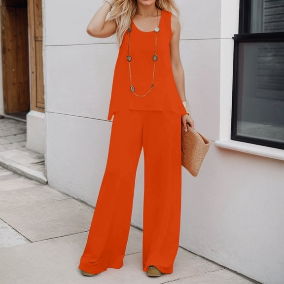TIANZEN Women 2 Piece Outfits Boho Casual Solid Color Vest Sleeveless Top Loose Wide Leg Pants Trousers Two Piece Set Suit Womens Tan Suit Bridal Jumpsuits 80s Jumpsuits for Women