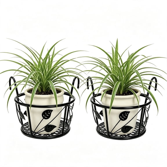 2 Pack Black Metal Railing Plant Holders, Indoor Outdoor Hanging Flower Basket Hooks for Balcony Porch Fence
