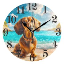 Cute Dachshund Dog on Beach Wall Clock 9.8 inch Battery Operated Clocks Non-Ticking Silent for Bedroom Office Kitchen Living Room