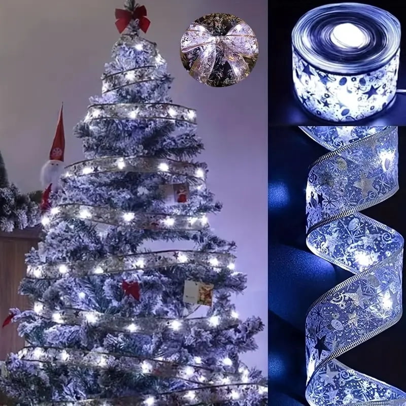 100 LED Battery-powered Christmas Tree, Christmas Tree With 32 Feet Of Ribbon, Golden Wire Ribbon, Christmas Tree Decorations, Christmas Ribbon Lights