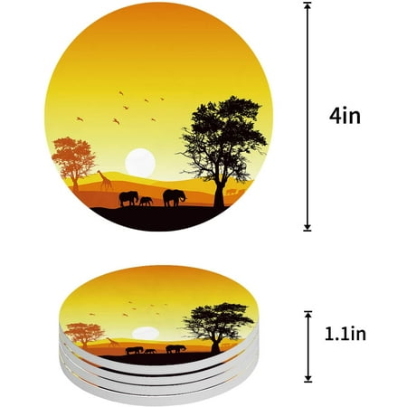 

KXMDXA Sunset Landscape Wildlife Elephant Giraffe Set of 8 Round Coaster for Drinks Absorbent Ceramic Stone Coasters Cup Mat with Cork Base for Home Kitchen Room Coffee Table Bar Decor
