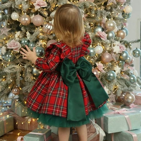 

Baby Toddler Girl Buffalo Plaid Christmas Dress Long Sleeve Xmas Kids Cute Princess Ruffle Dresses with Bowknot 6M-5T