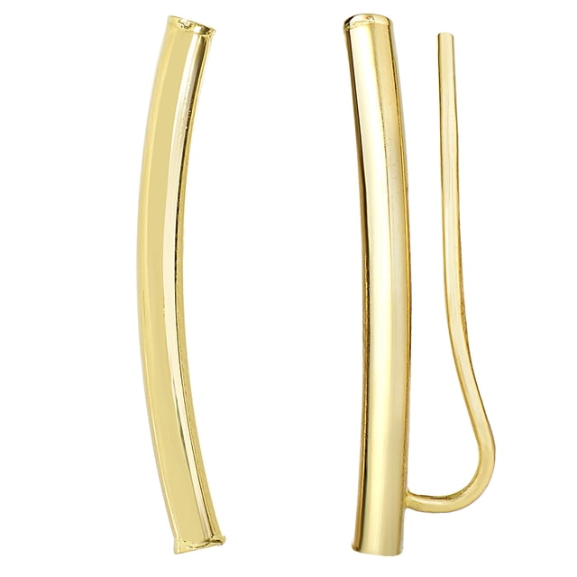 14k Yellow Gold Shinny Round Tube Curved Climber Earrings