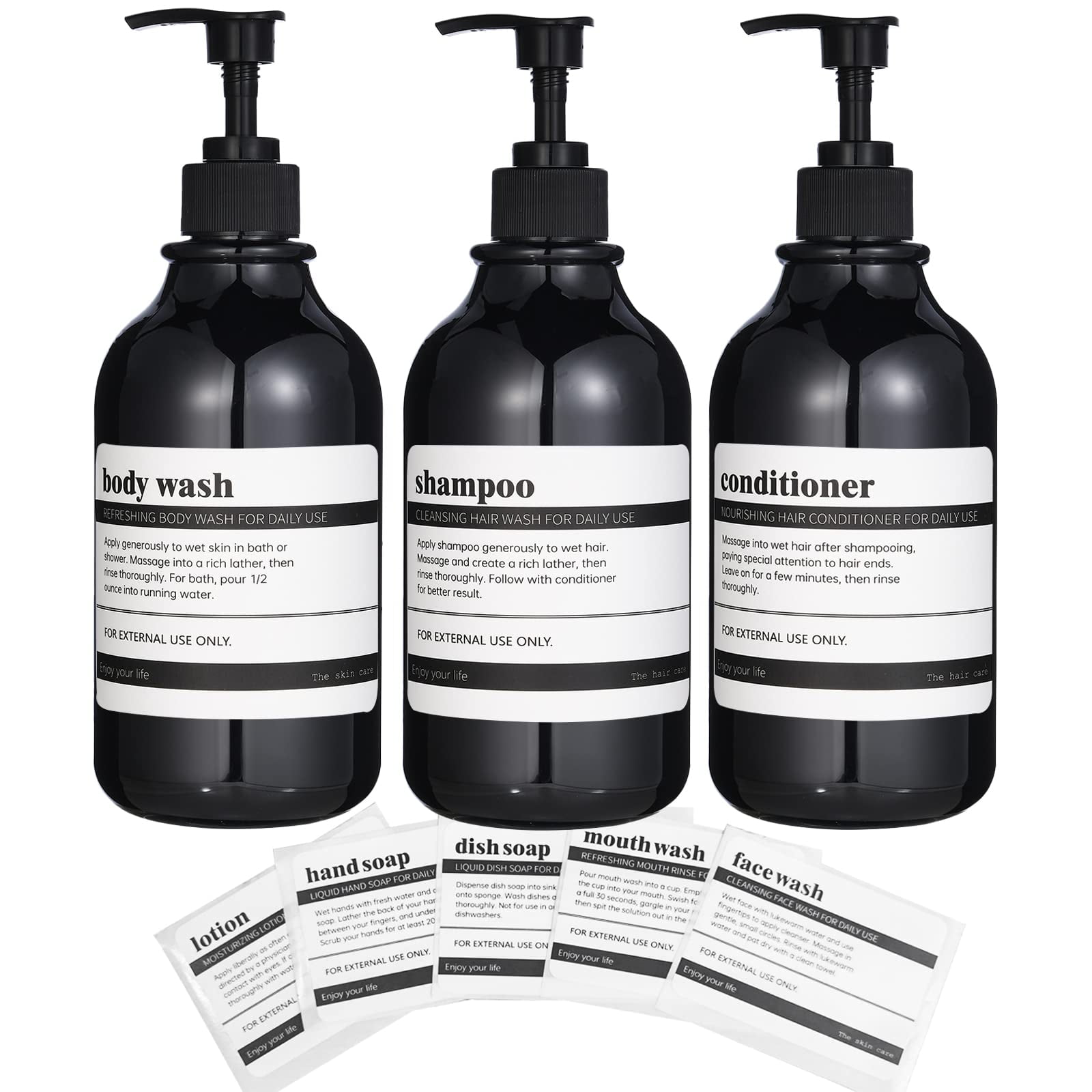 Shampoo and Conditioner Dispenser with Black Plastic Pump, 3 Pack