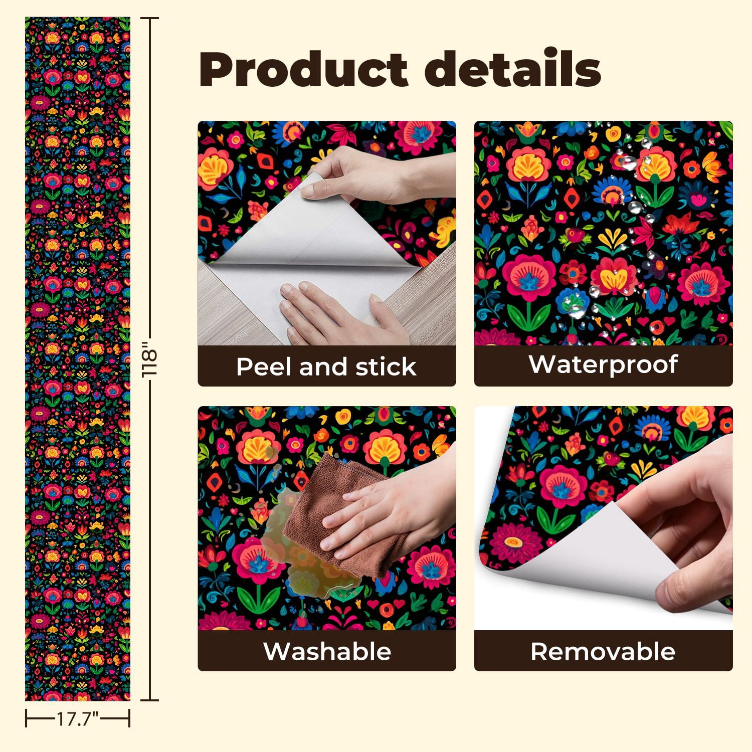 Peel and Stick Wallpaper Colorful Symmetrical Floral Folk Art Bright Flowers Wall Mural 17.7in x 9.8ft Self Adhesive Removable Wall Paper Renter Friendly Wallpaper for Nursery Bedroom Cabinets