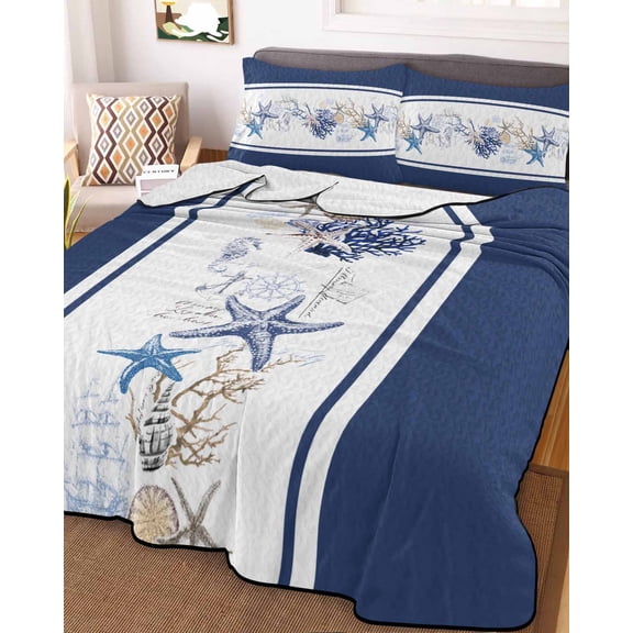 Coastal Navy Queen Size Down Alternative Comforter, Lightweight Comforter Quilt Bedding Set with Pillow Shams Blue Starfish Coral Nautical Striped All Seasons Bed Comforter Duvet Insert 90"x96"