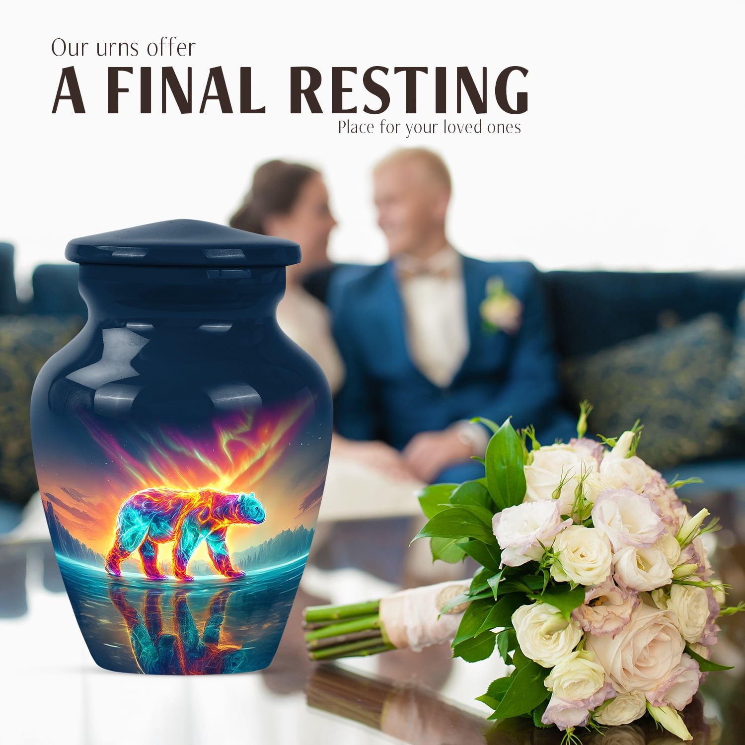 JAGASY Bear Urn for Father, Blue Small Urns for Human Ashes Keepsake, Polar Bear Northern Lights & Snowy Mountain Decorative Urns for Parents, Memorial Mini Urn for Mother, (3 Inch)