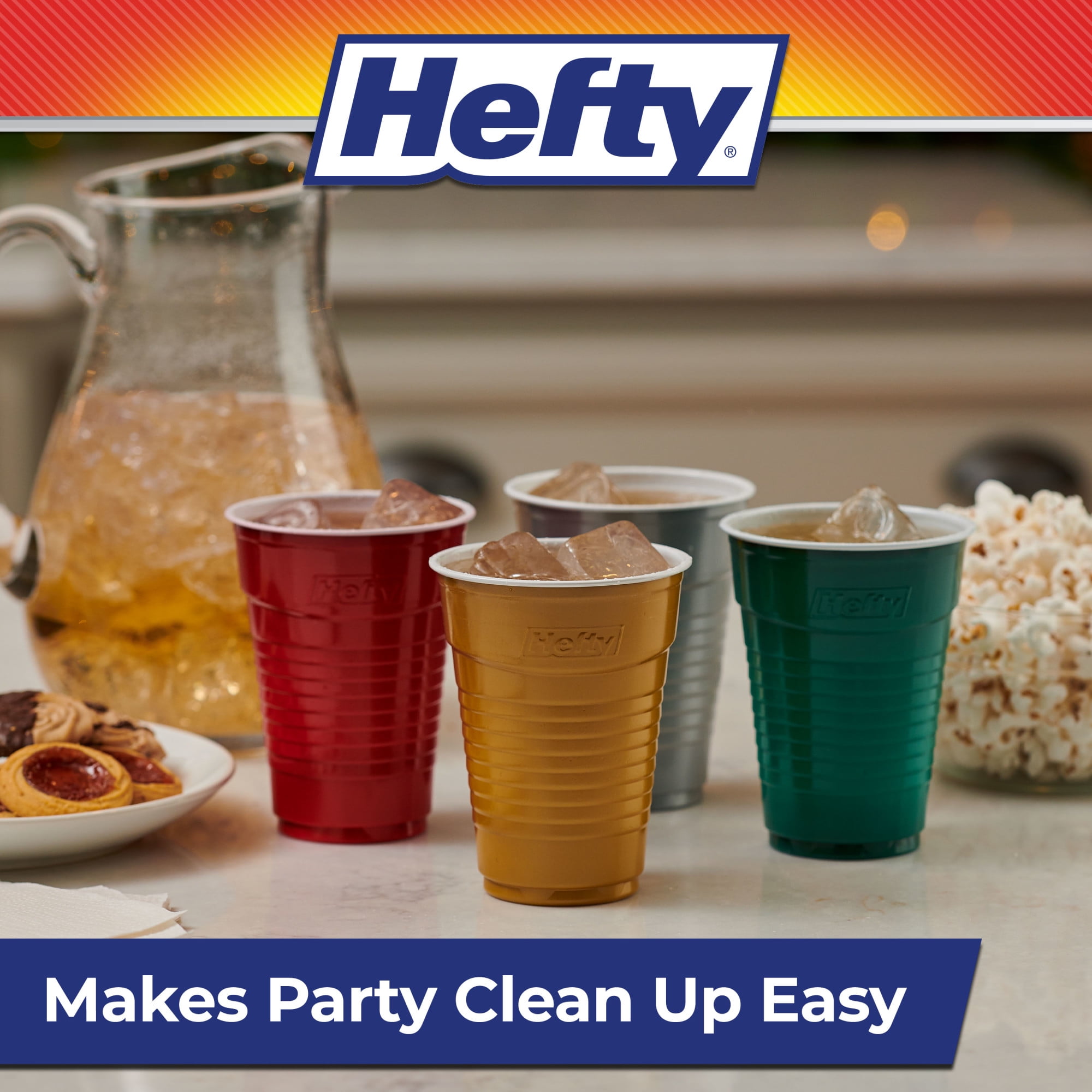 Hefty Party On Disposable Plastic Party Cups, Holiday Assorted Colors, 16 oz., 100 Count
