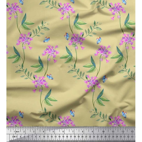 Soimoi Cotton Poplin Fabric Leaves,Butterfly & Periwinkle Floral Printed Fabric 1 Yard 42 Inch Wide