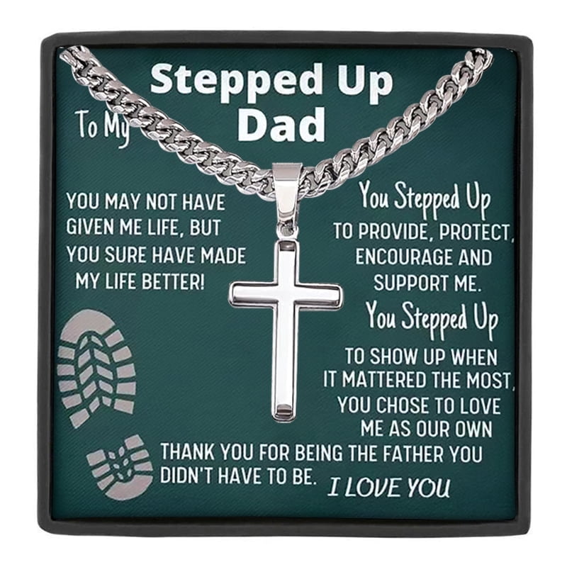 MASALADI Stepped Up Dad Cross Necklace, Stainless Steel Cuban Chain Jewelry Gift for Father's Day Birthday Christmas