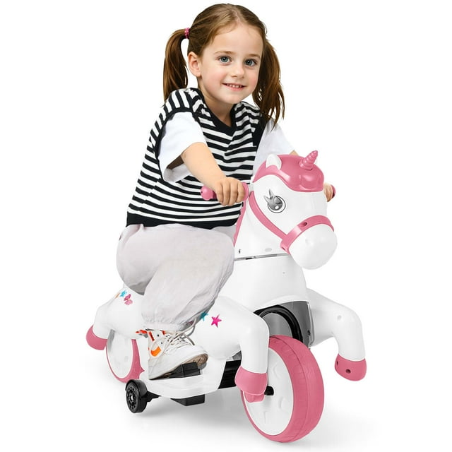 Costway 12V Kids Ride on Unicorn Toy with Training Wheels Music One-button Start Horse Toy Pink