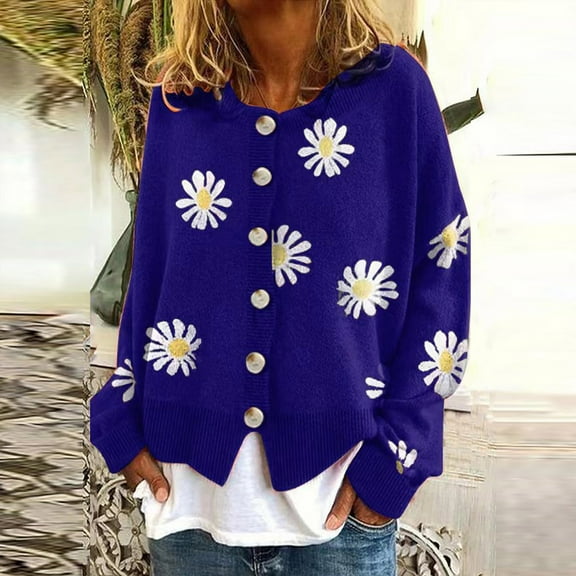 Babysbule Womens Cardigans Clearance Women's Fashion Winter Casual Floral Printed Long Sleeve Knitted Cardigan Sweater Coat Tops Women's Top Clearance Blouse