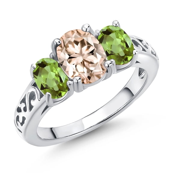 Gem Stone King 925 Sterling Silver Peach Morganite and Green Peridot Filigree Style 3 Stone Ring for Women (2.00 Cttw, Oval 8X6MM and 6X4MM) (Size 9)