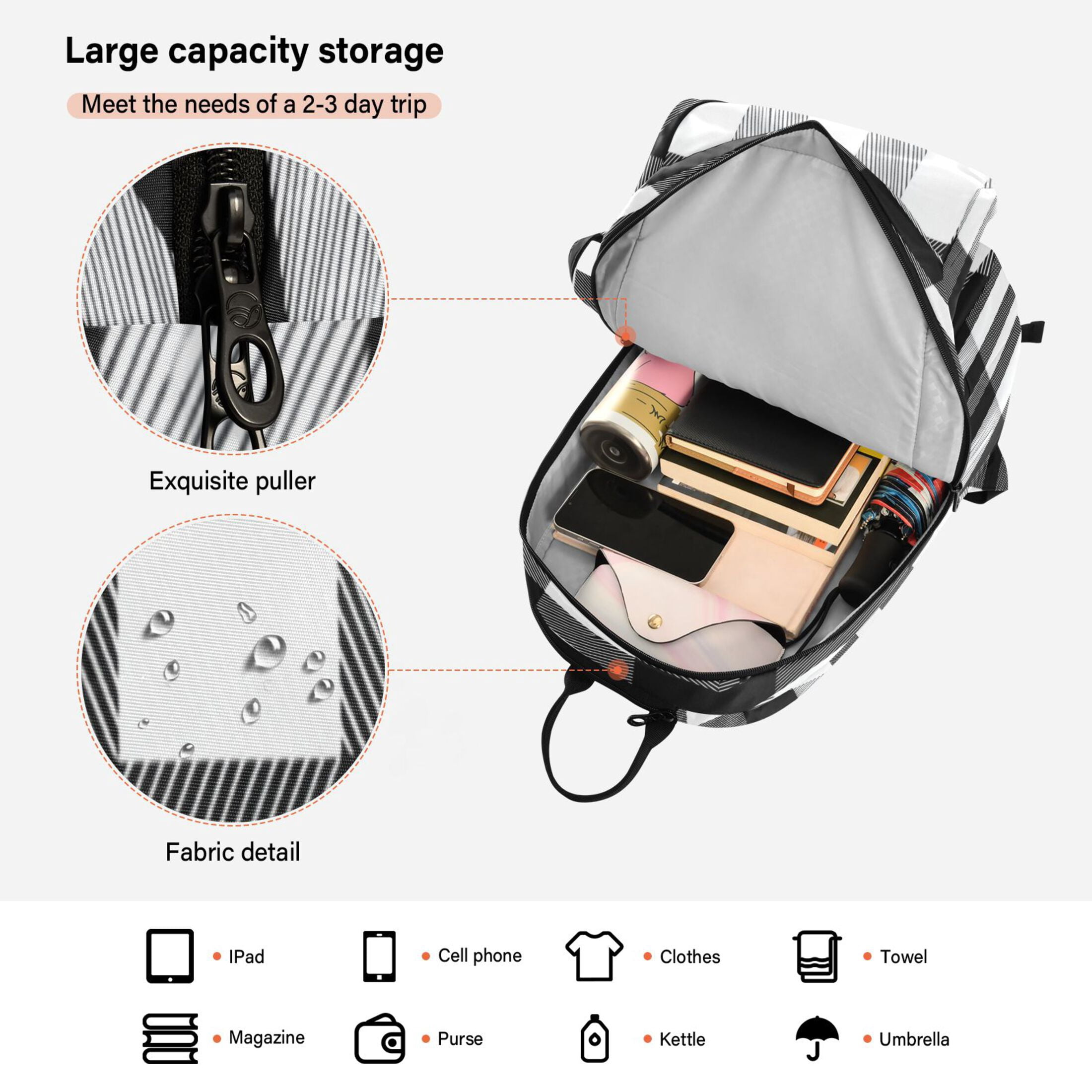 2 Racquet Holder Tennis Backpack Tennis Racket Covers Gym Bags Black White Plaid Pattern