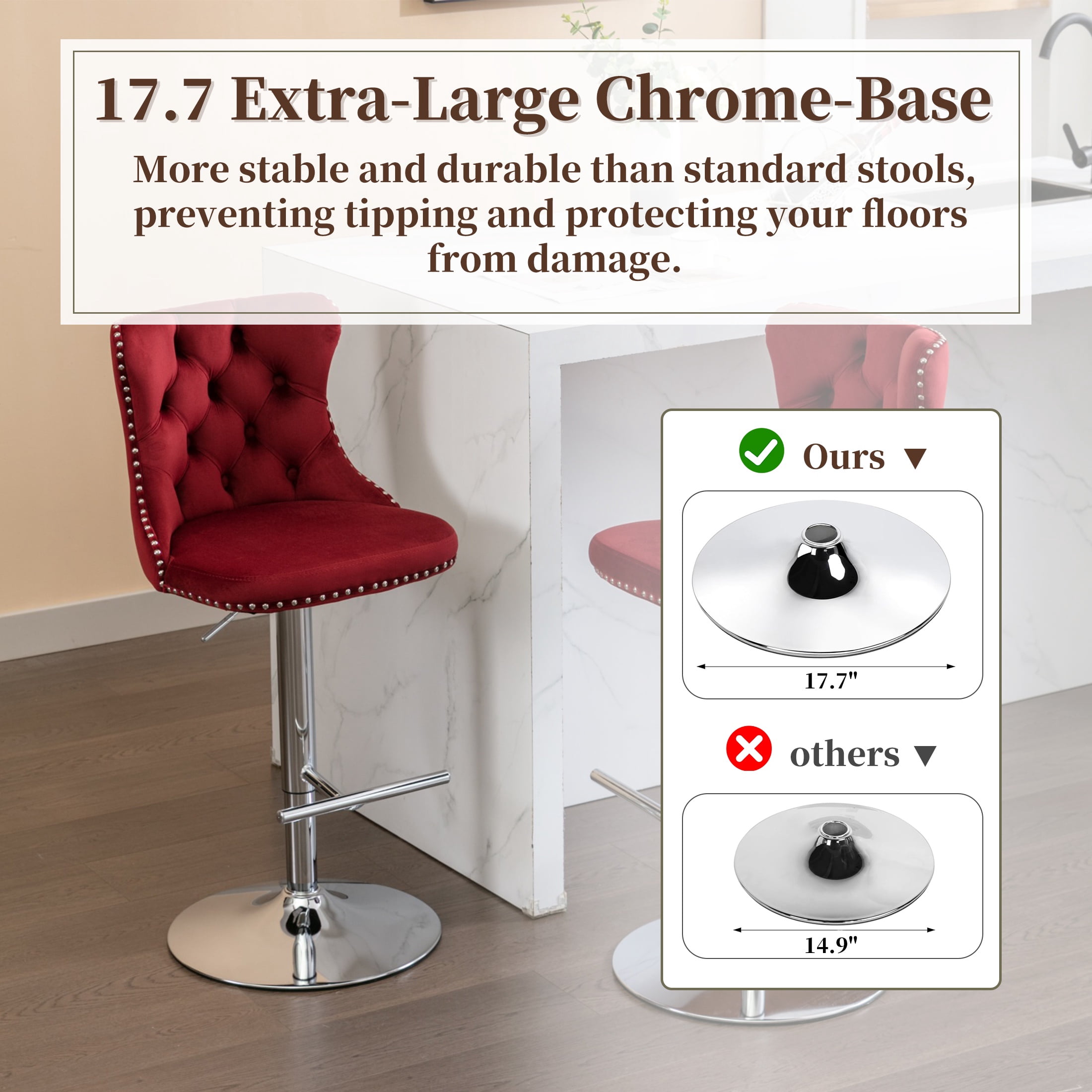 Swivel Bar Stools of 2, LegaHome Velvet Counter Height Barstools, 25-33 Inch Adjustable Height Bar Stools for Kitchen Counter, Modern Upholstered Kitchen Island Chairs, 300lbs Capacity, Burgundy