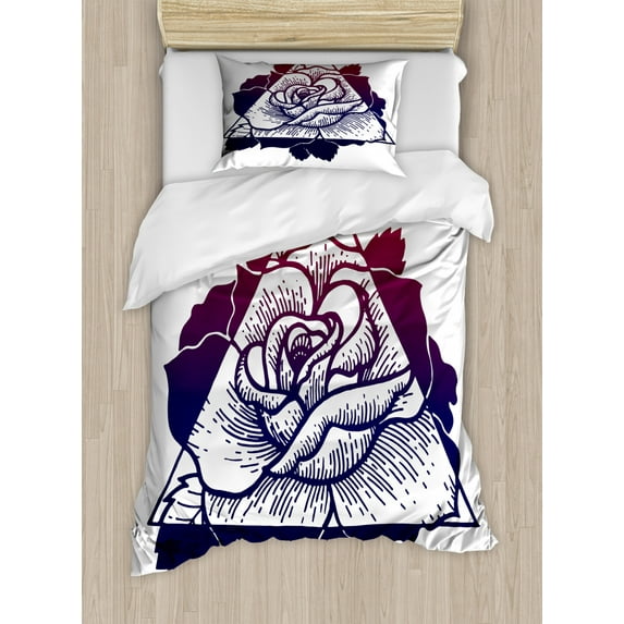 Flower Duvet Cover Set Twin Size, Modern Floral Design Graphic of Rose in Triangle Ombre Effect Color Changes, Decorative 2 Piece Bedding Set with 1 Pillow Sham, Multicolor, by Ambesonne