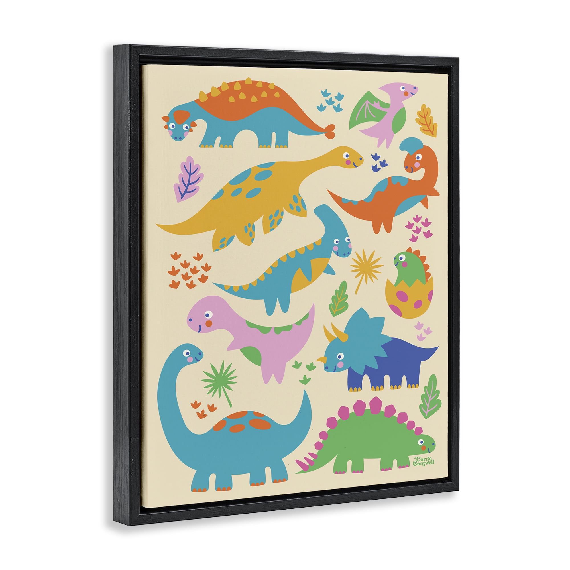 Stupell Industries Cute Whimsy Dinos Animals Painting Black Floater Framed Canvas Art Print Wall Art, 17 x 21
