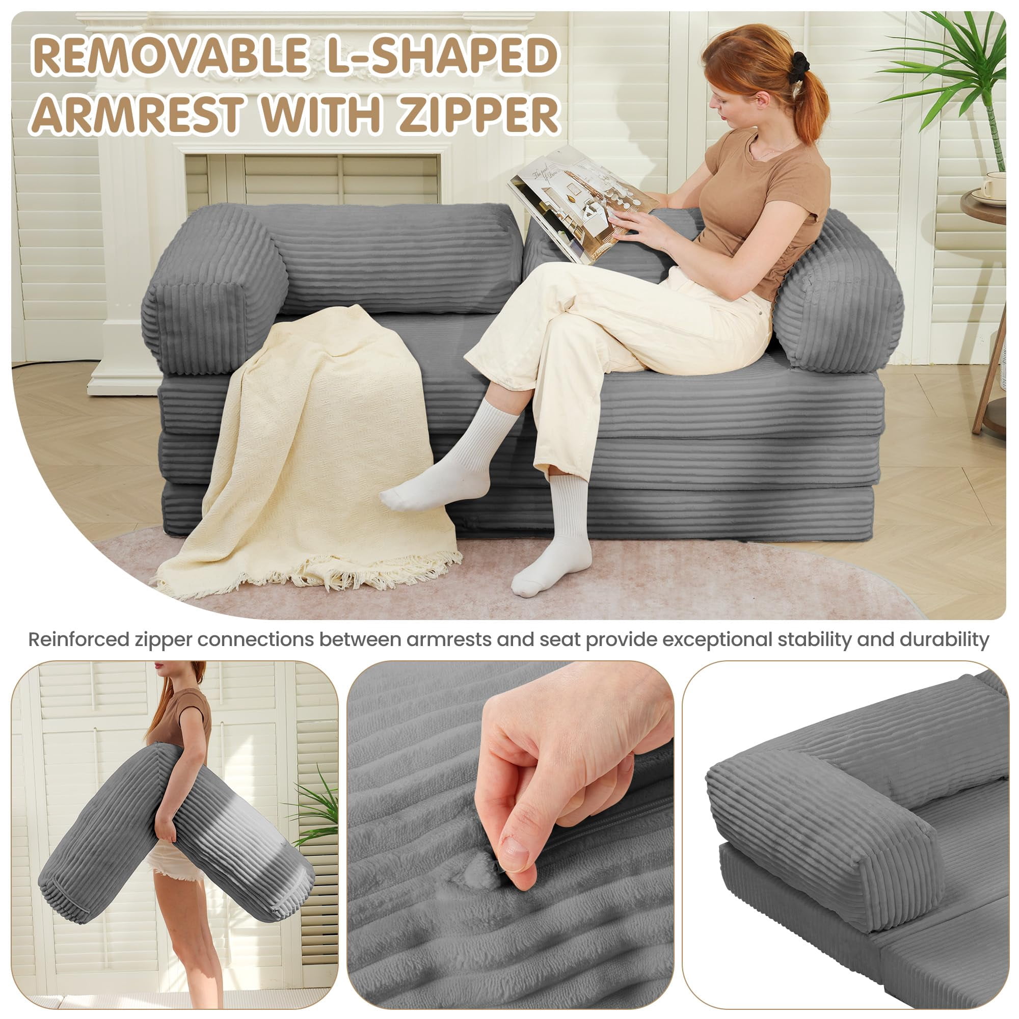Convertible Sofa Bed Queen,Tri-Fold Boneless Couch with Removable Armrests & Handle,Corduroy Futon Floor Folding Mattress
