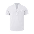 thumbnail image 5 of Men Henley Shirt Solid Color Cotton Linen Short Sleeve T-Shirts Band Collar Beach Vacation Pullover, 5 of 7