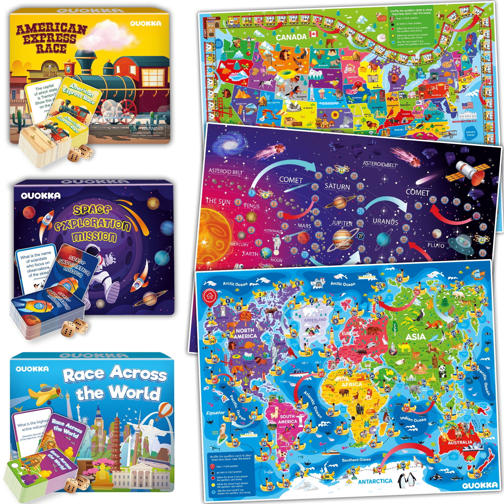 Quokka Learning Board Games for Kids 6-8 - Educational Trivia Cards Ages 8-12 - 3X Set World USA Map & Space