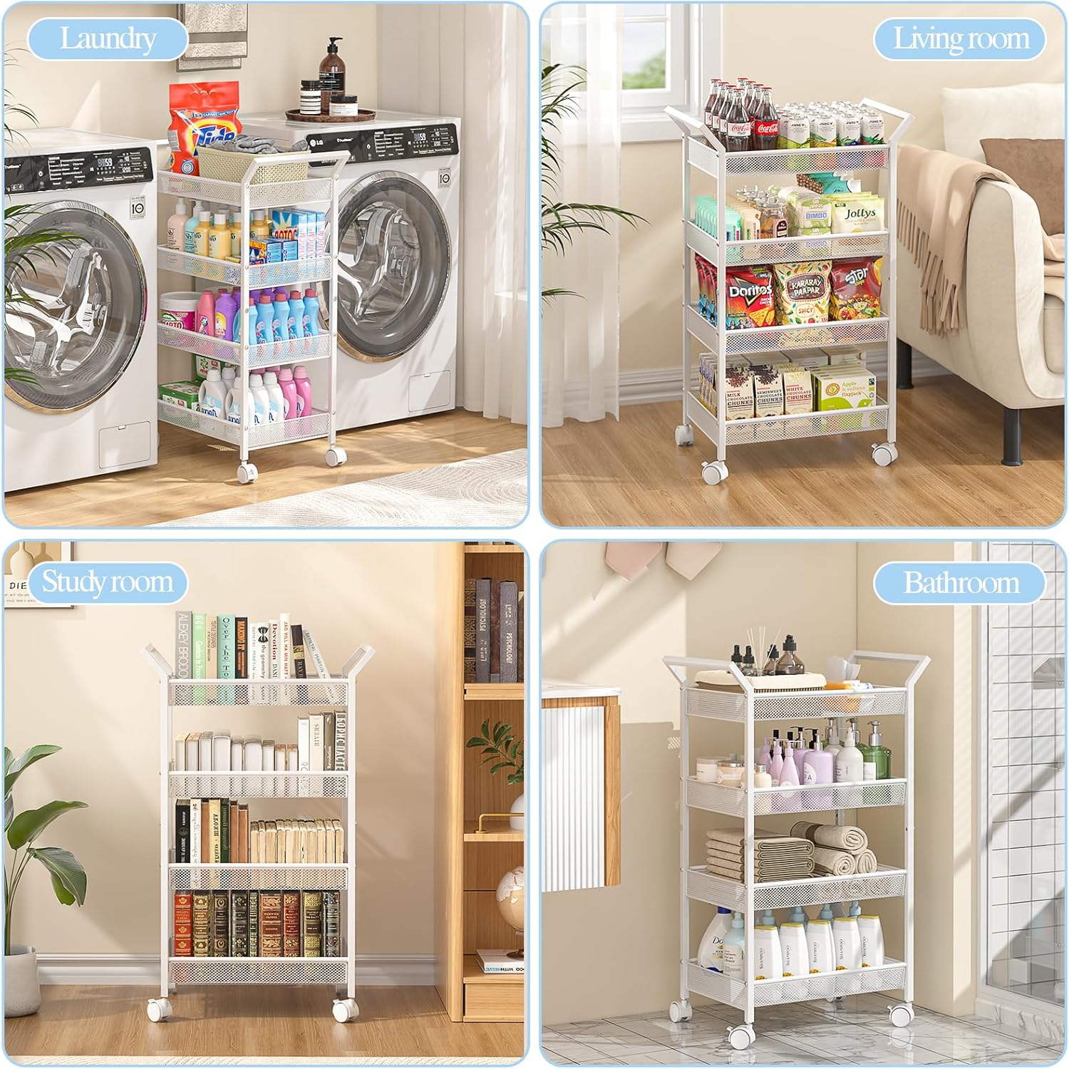 Baby Diaper Caddy Cart, 4-Tier Diaper Caddy Organizer and Storage, Rolling Utility Cart for Baby Supplies, Diaper Cart with Wheels for Bedroom, Nursery, Changing Table, White