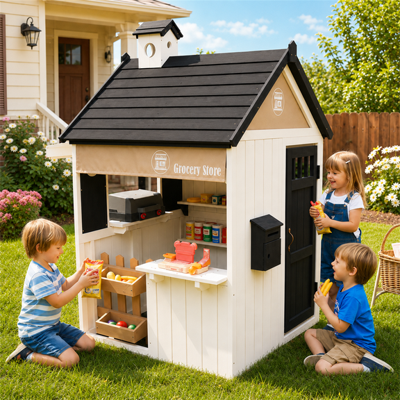 iYofe 2-IN-1 Grocery Store Outdoor Playhouse for Kids with Pretend Cash Register & BBQ Grill & Kitchen Playset , White