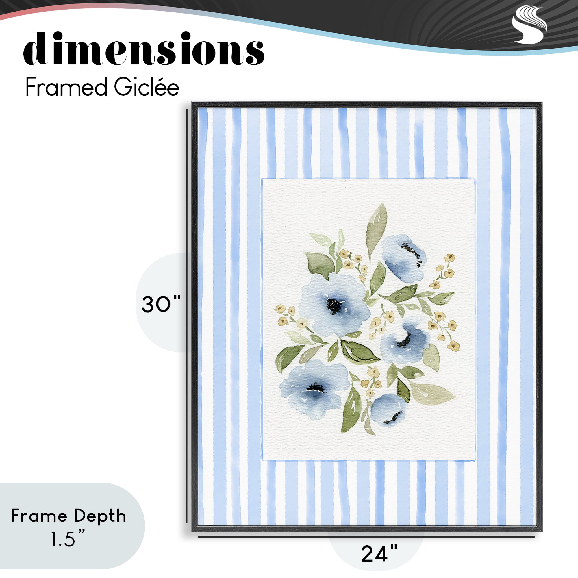 Stupell Industries Flowers with Blue Stripes Black Framed Giclee Art, design by Leah Noel Art