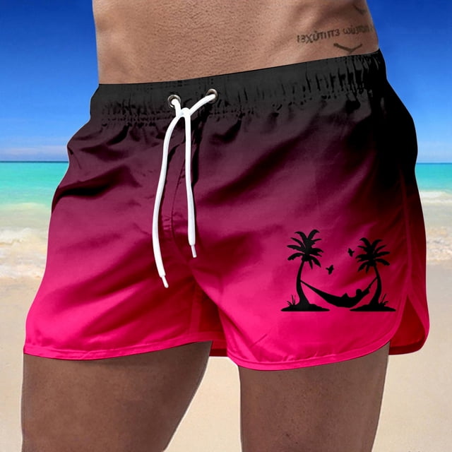 Summer Men's Beach Short with Gradient Print and Waist for Everyday Casual Travel in Polyester