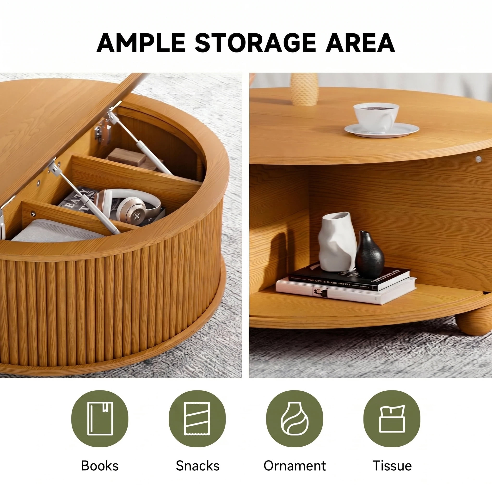 AISWORD 31.5" Fluted Round Coffee Table with Storage, Mid Century Modern Lift Top Drum Accent Table for Living Room Small Space, Yellow