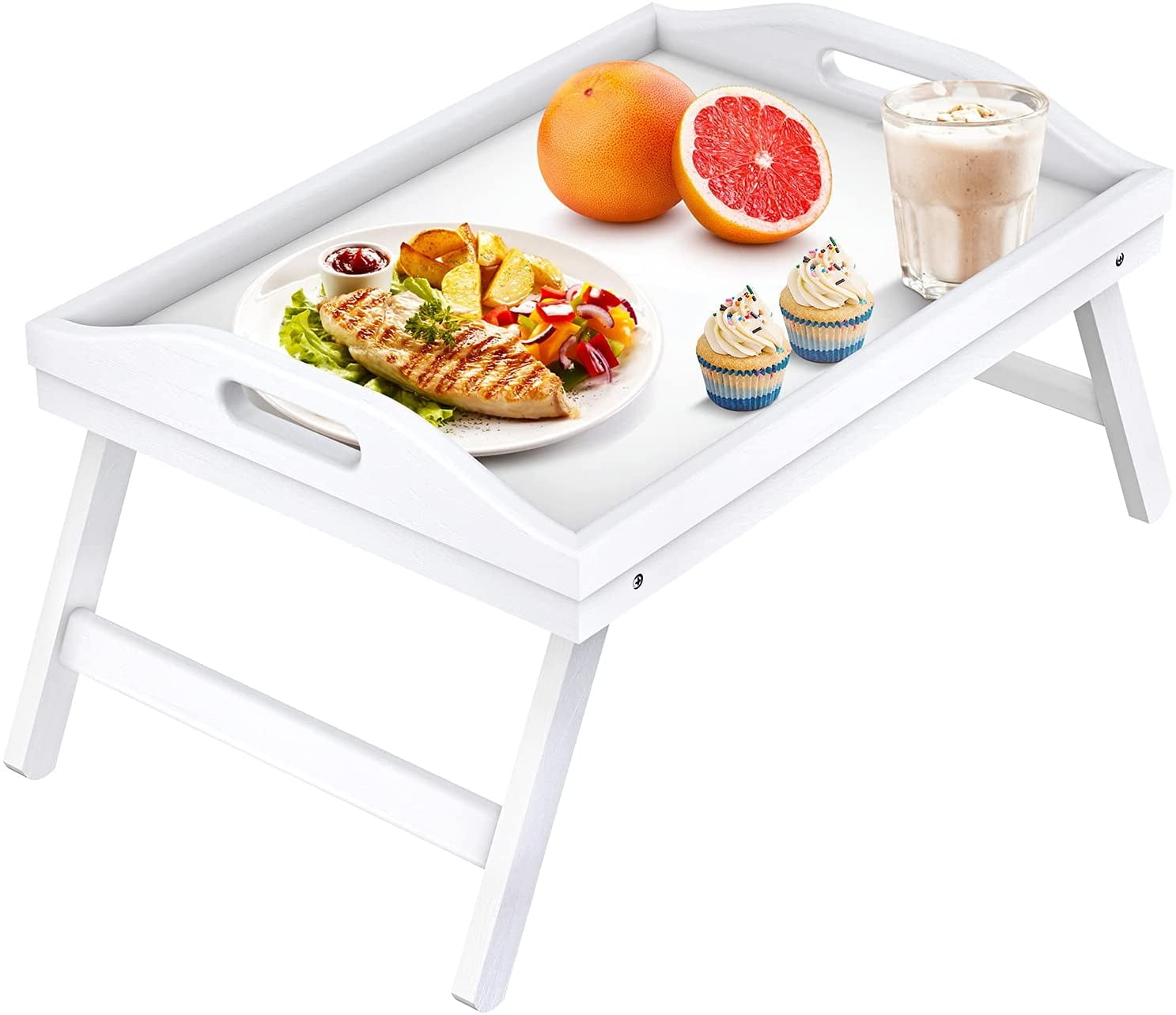 Bed Table Tray Bamboo Breakfast Platters Tray with Folding Legs Bamboo Kitchen Serving Tray by Pipishell（White） 