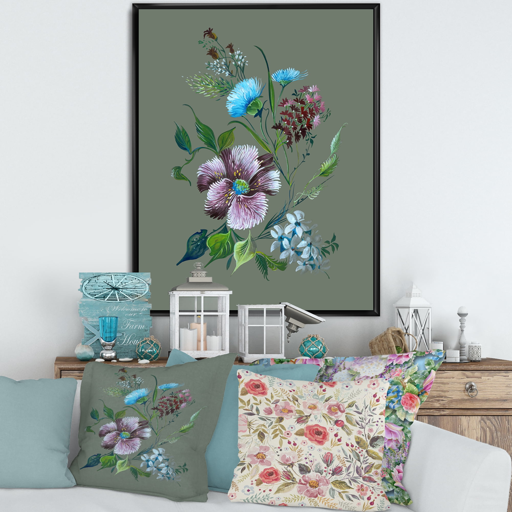 Designart 'Turquoise and Purple Spring Flowers' Traditional Framed Canvas Wall Art Print