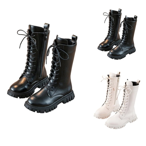 Qiggri Girls Fall Winter Solid Color Lace Up Martin Boots Stylish Princess Long Boots Side Zipper Mid Calf Boots For Little Kid Big Kid Student Daily Party Wear Shoes 36