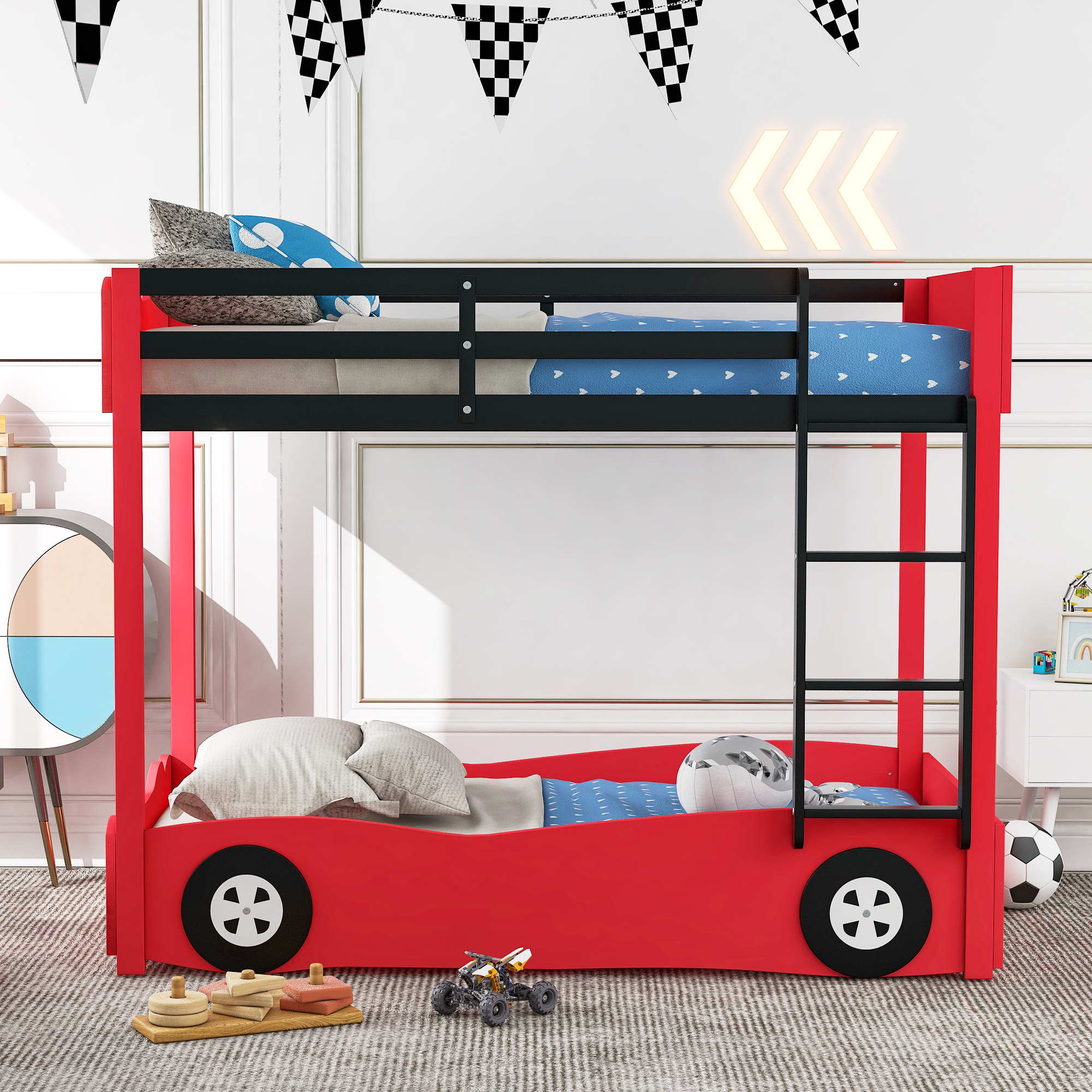 uhomepro CarShaped Wooden Twin Size Bunk Bed for Kids Toddler