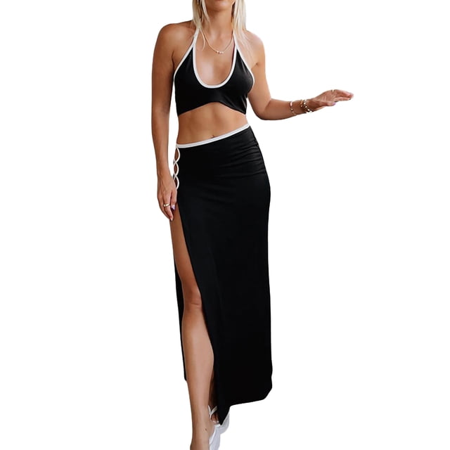 VISgogo Traje casual para mujer, sin mangas, sin espalda, con cuello halter y falda larga dividida de cintura alta VISgogo moda