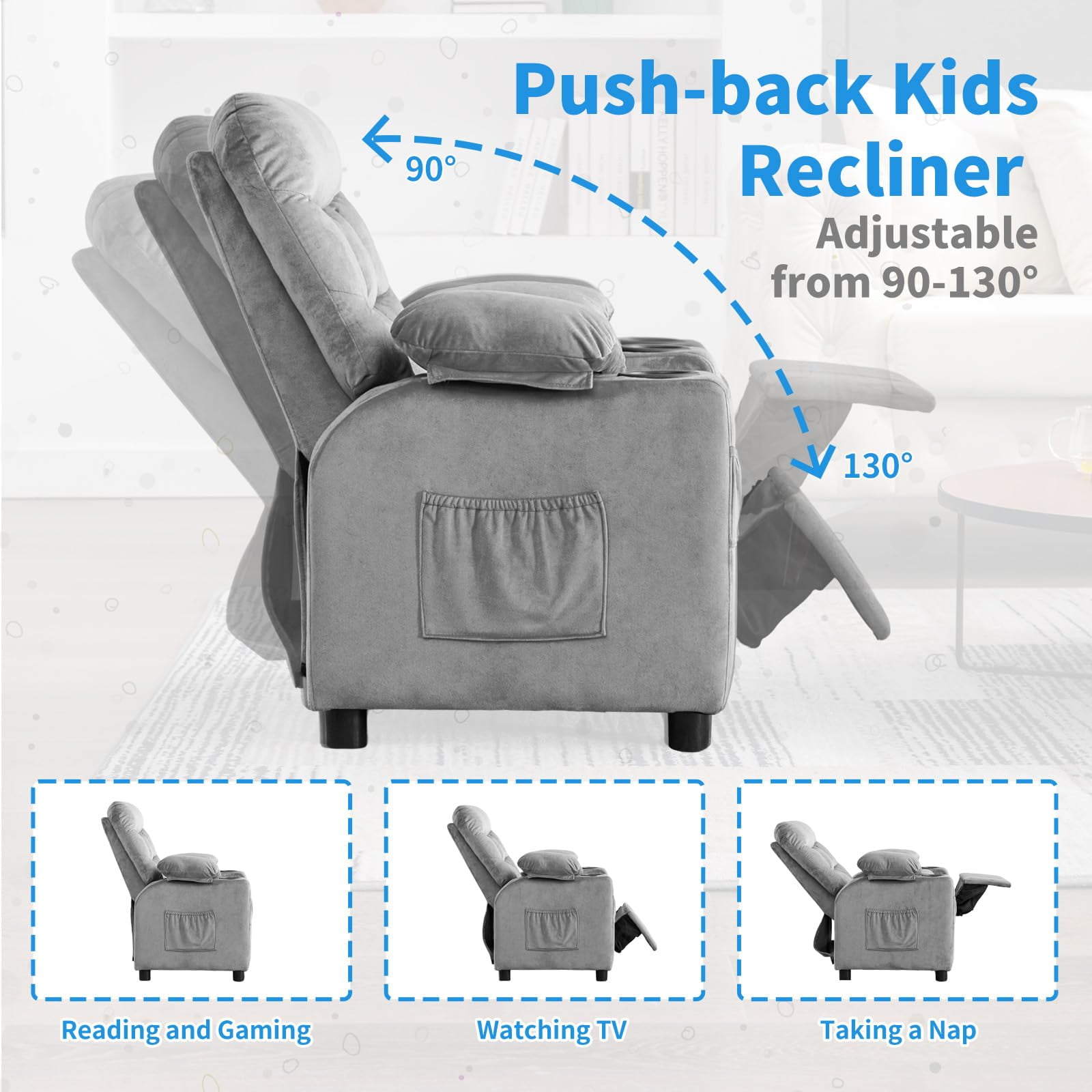 Linor Kids Recliner Chair, Modern Velvet Lounge with Cup Holder, Footrest, Side Pockets, Gray