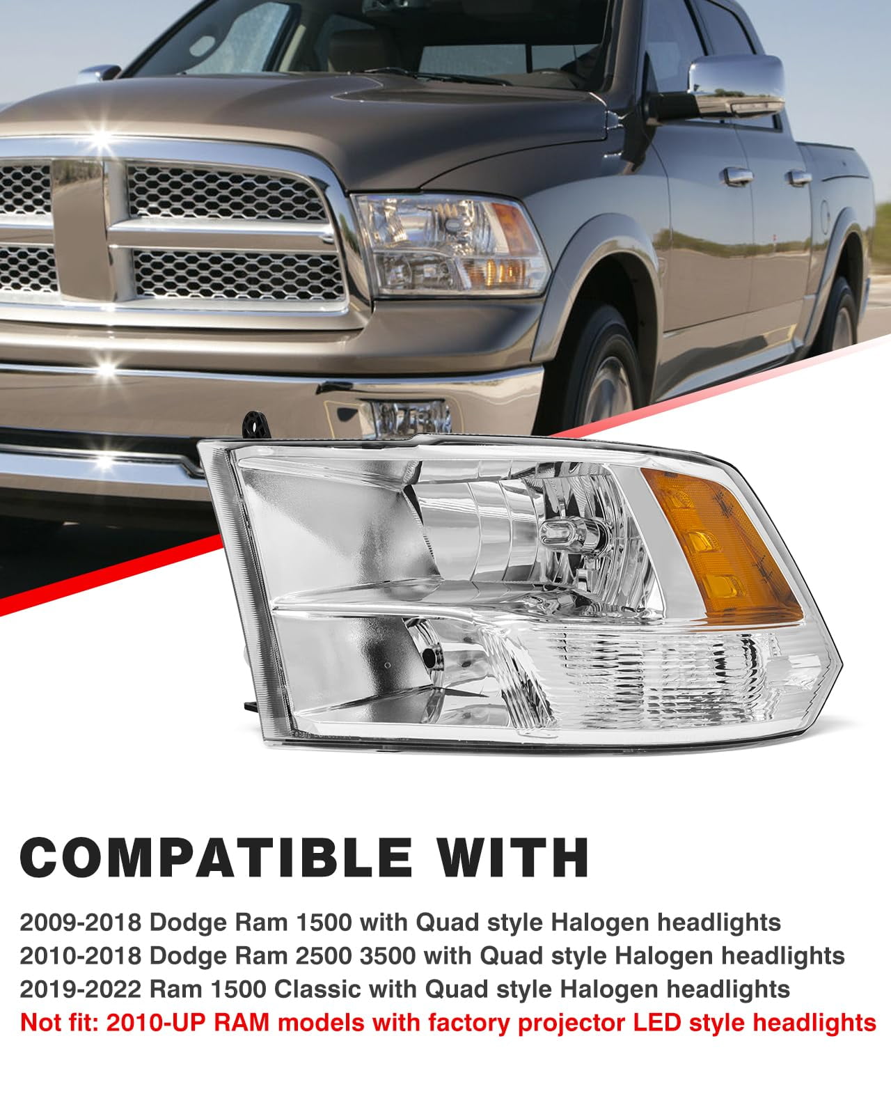 ADCARLIGHTS for 2009 2010 2011 2012 2013 2014 2015 2016 2017 2018 Dodge Ram Headlight Assembly compatible with 09-18 Ram 1500/10-18 Ram 2500 3500 Chrome Housing Amber Reflector Headlamp Replacement