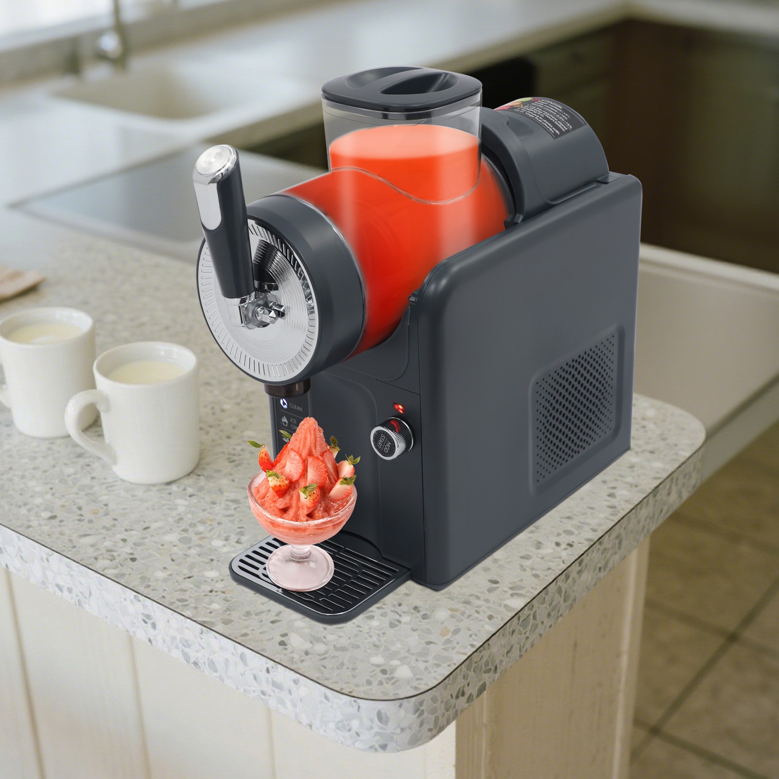 Slushie Machine, Automatic Frozen Drink Maker with 6 Modes for Slush, Ice Cream, Smoothies, Cocktails, 185W Motor, LED Display, Self-Cleaning, Includes Ice Cream Molds, Gray, 110V