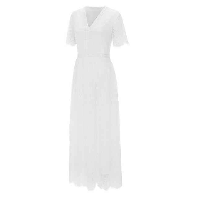 Robe Maxi de Mariage en Dentelle Brodée Florale à Col en V pour Femmes 2023, Manches Courtes, Fendue, Style Bohème, Soirée, Demoiselle d'Honneur