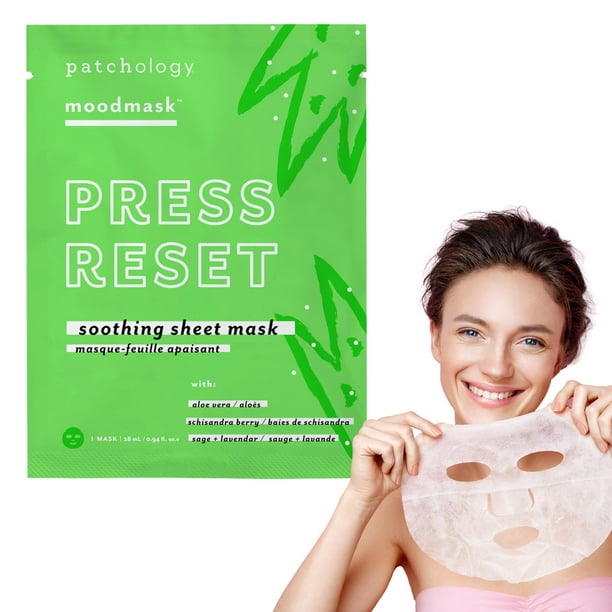 Mascarilla facial calmante Patchology - La mascarilla calmante Press Reset con aloe vera, lavanda y baya de Schisandra ayuda a revitalizar tu rostro mejorando tu cutis e hidratando la piel seca (1 uni