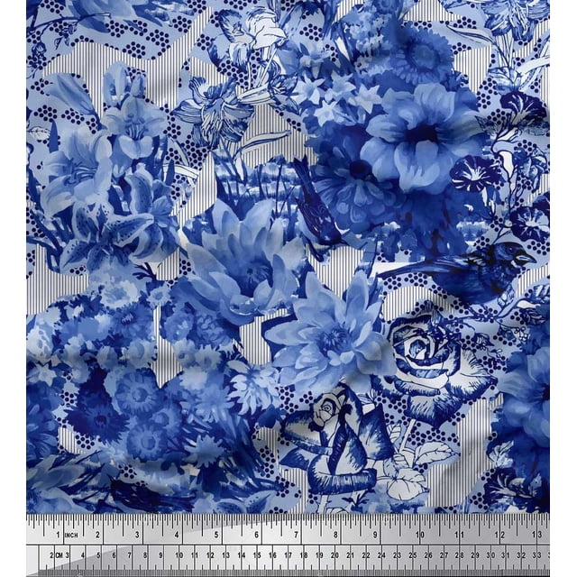Soimoi Blue Polyester Crepe Fabric Stripe & Floral Print Fabric by Yard 42 Inch Wide